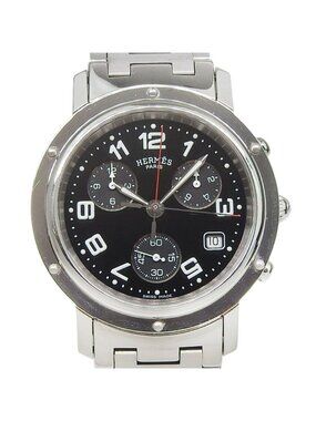 Hermes Clipper Stainless Steel Silver Quartz Analog Display Black Dial Watch
